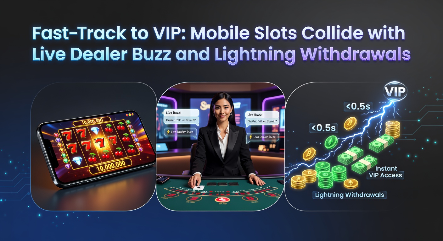 Smartphone mit leuchtenden Mobile Slots und Live-Dealer-Tischen im VIP-Bereich, umgeben von Blitz-Auszahlungssymbolen