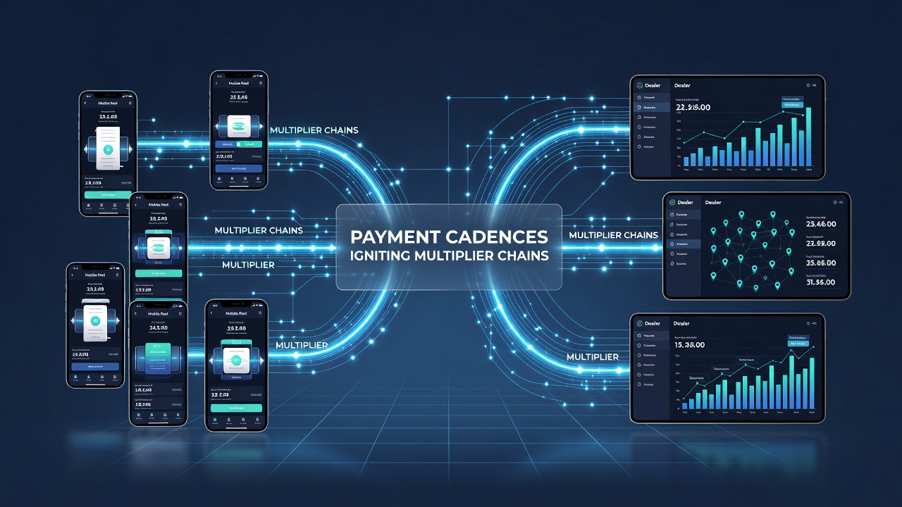 Diagram of multiplier chains triggered by payment cadences in mobile gaming interfaces