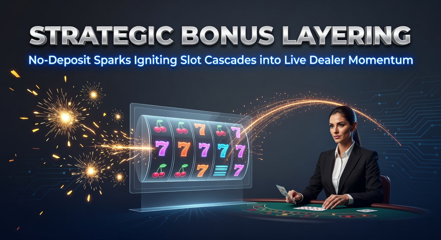 Grafik zeigt No-Deposit-Bonus als Funke, der Slot-Kaskaden in Live-Dealer-Sitzungen überleitet